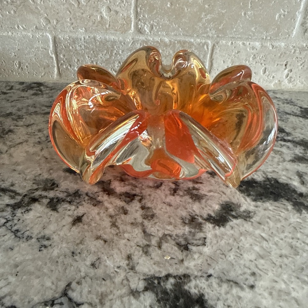 Murano Glass Orange Bowl Ashtray Vintage 4.5" Fluted Edge Gorgeous